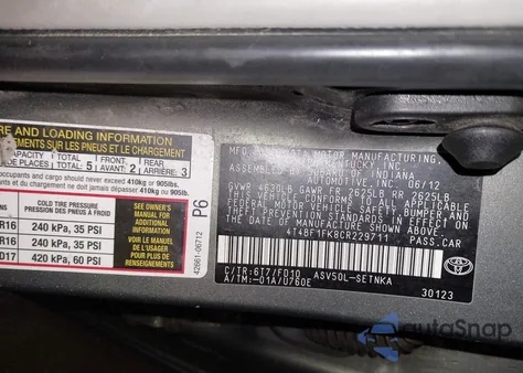 2012 Toyota Camry L/Le/Se/Se Limited Edition/Xle from USA, damaged, VIN 4T4BF1FK8CR229711